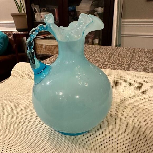 Sky Blue Ruffled Trim Blown Glass Jug With Handle / Vase Centerpiece Art Vintage - Picture 3 of 8